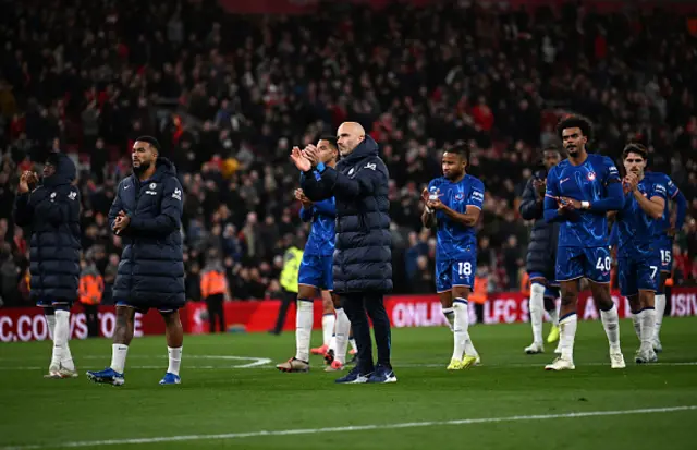 Enzo Maresca, Manager of Chelsea, acknowledges the fans