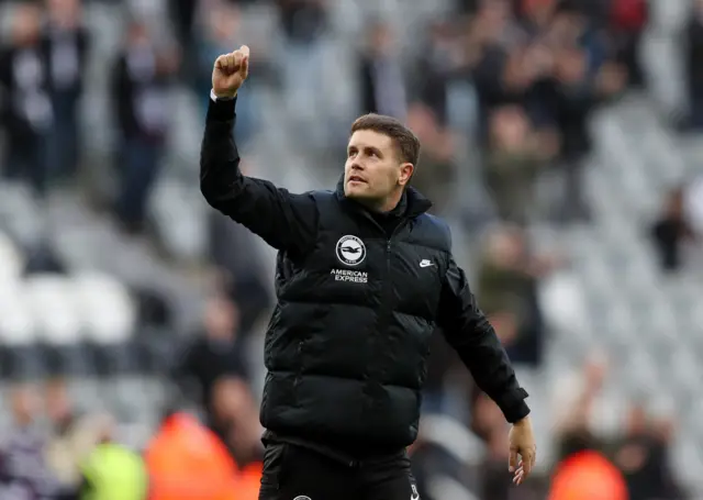 Fabian Hurzeler celebrates following Brighton's victory over Newcastle United.