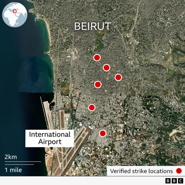 A BBC graphic showing the locations of verified strikes on the premises of Al-Qard Al-Hassan bank in Lebanon