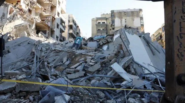 The rubble of a building in Beirut that was hit by Israeli strikes overnight