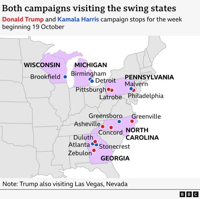 BBC map showing where Kamala Harris and Donald Trump are heading in the swing states on the campaign trail for the week beginning 19 October