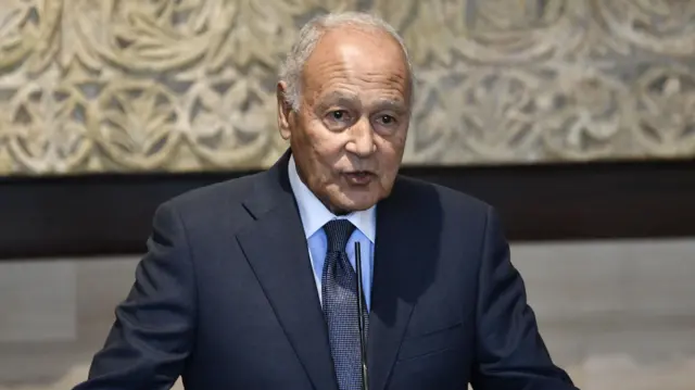 Secretary-General of the Arab League Ahmed Aboul Gheit speaks at a press conference following his meeting with Lebanese Parliament Speaker Nabih Berri in Beirut, Lebanon