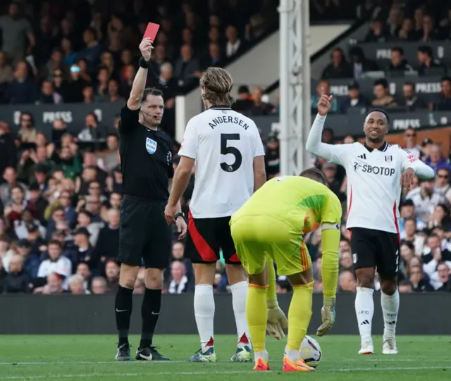 Joachim Andersen is shown a red card