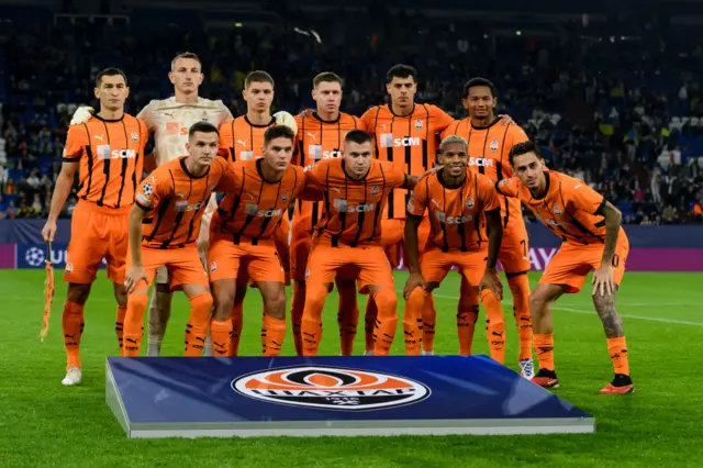 The Shakhtar Donetsk team pose for a pre-match photo