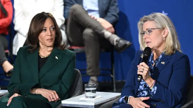 US Vice President and Democratic presidential candidate Kamala Harris (L) listens as former Representative Liz Cheney, Republican of Wyoming, speaks during a moderated conversation at the Royal Oak Music Theatre in Royal Oak, Michigan, on October 21, 2024