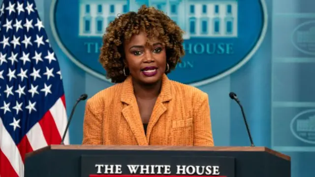 White House Press Secretary Karine Jean-Pierre speaks during a daily press briefing