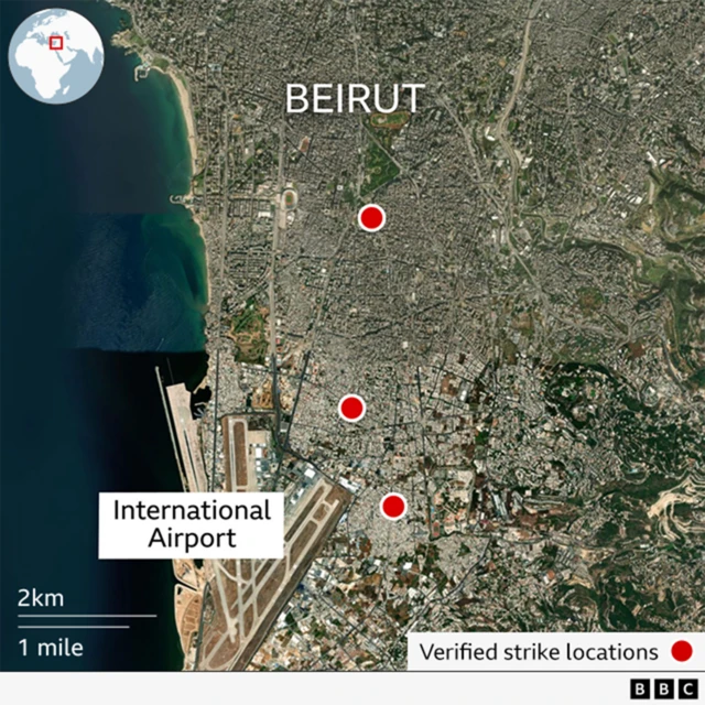 A map of Beirut, which shows BBC Verify's analysis of strike locations on the AQAH bank. Three red rots on the map show the reported locations of branches hit by missiles