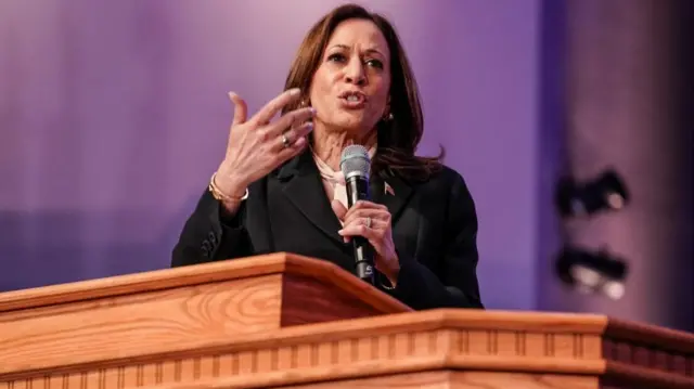 Kamala Harris speaking on stage