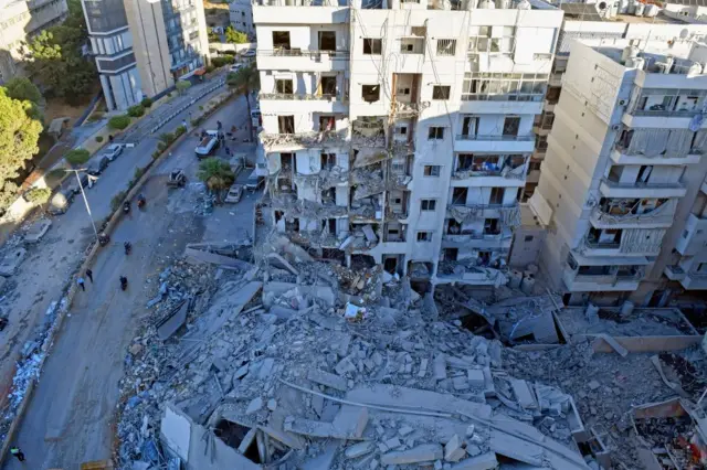 The site of an Israeli airstrike that targeted a branch of the Al-Qard Al-Hassan finance group in Al-Shiyah, Beirut, Lebanon, 21 October 2024