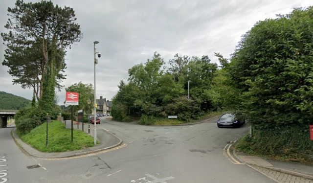 A screenshot of the road outside Machynlleth train station