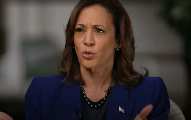 Kamala Harris in a navy jacket with an American flag pin on the lapel