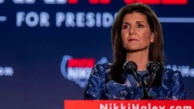 Nikki Haley giving a speech in January