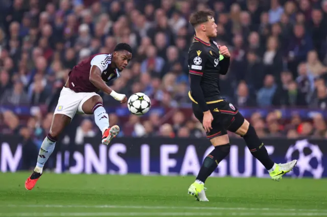 Jhon Duran of Aston Villa has a shot during the UEFA Champions League