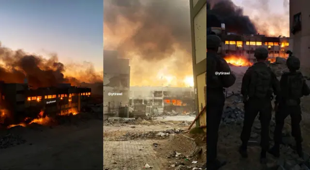 Three separate images show schools - operating as shelters - burning near Jabalia camp in north Gaza.