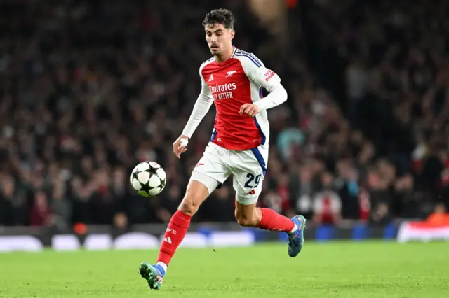 Kai Havertz of Arsenal runs with the ball during the UEFA Champions League