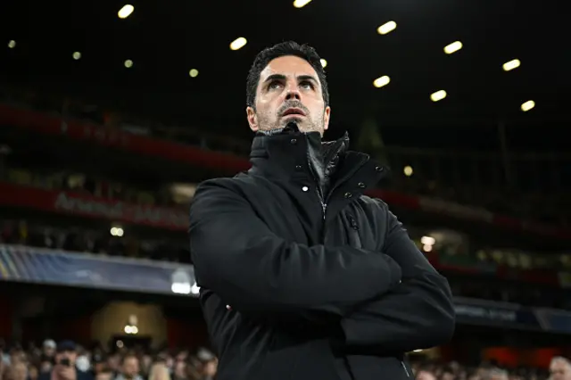 Mikel Arteta, Manager of Arsenal, looks on