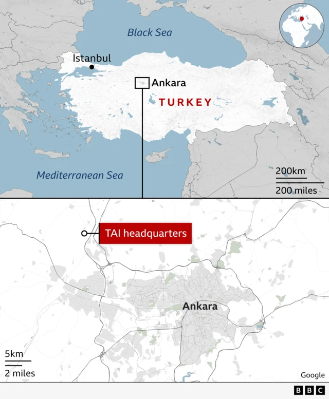 Map of Turkey, with Ankara and Istanbul marked. A second map below of Ankara marks the TAI headquarters around 20kn to the north west of the Turkish capital