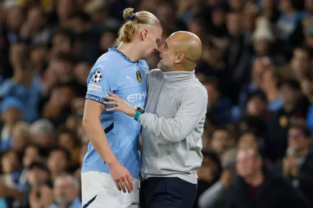 Erling Haaland of Manchester City looks dejected after been substituted by Pep Guardiola