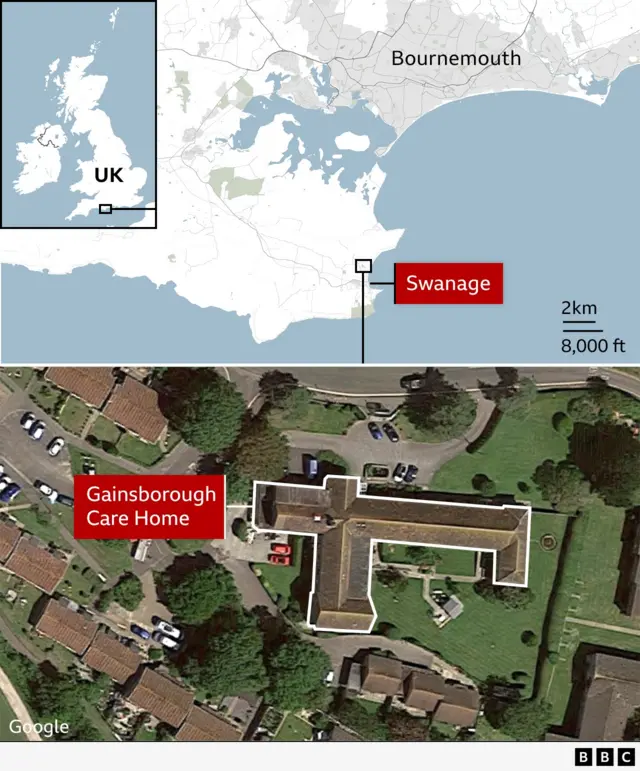 A map shows the scale of the area, on the top is a picture of Bournemouth on the UK map with a small annotation showing where Swanage is, below is a street view aerial image of Gainsborough Care Home