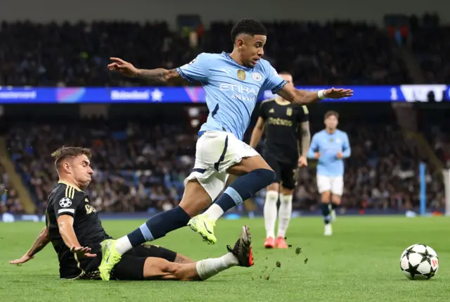 Savio of Manchester City is challenged by Matej Rynes of Sparta Prague