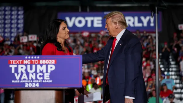 Former U.S. Rep. Tulsi Gabbard attends a campaign rally of Republican presidential nominee and former U.S. President Donald Trump in Greensboro, North Carolina