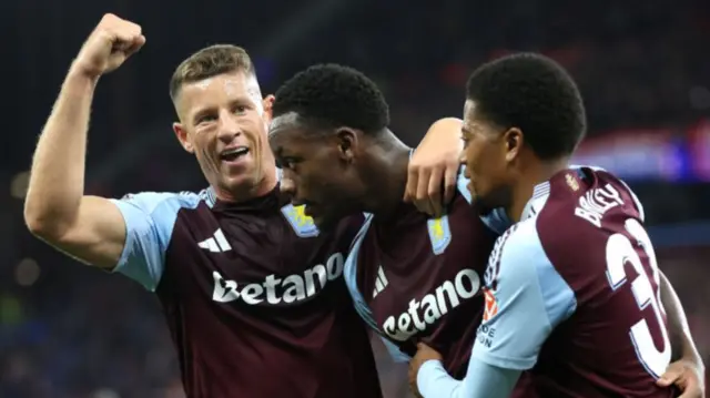 Ross Barkley celebrates with Aston Villa team-mates Jhon Duran and Leon Bailey