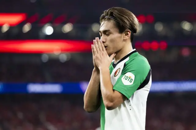 Ayase Ueda of Feyenoord celebrates