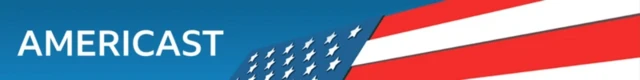 Americast banner, with the title of the programme and part of a Stars and Stripes US flag