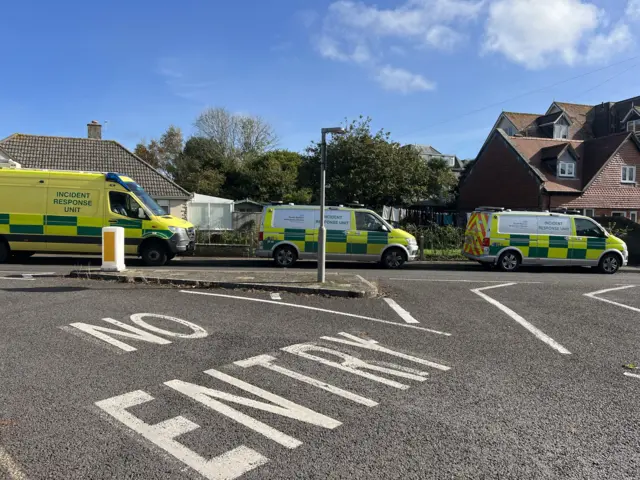 Emergency services lining the streets approaching Ulwell Road