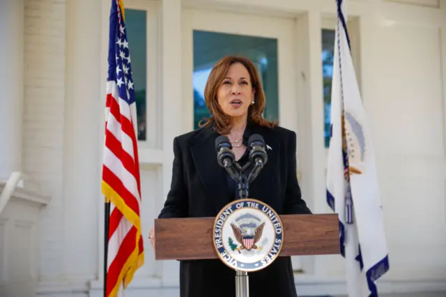 Kamala Harris stands in front of the vice-presidential podium