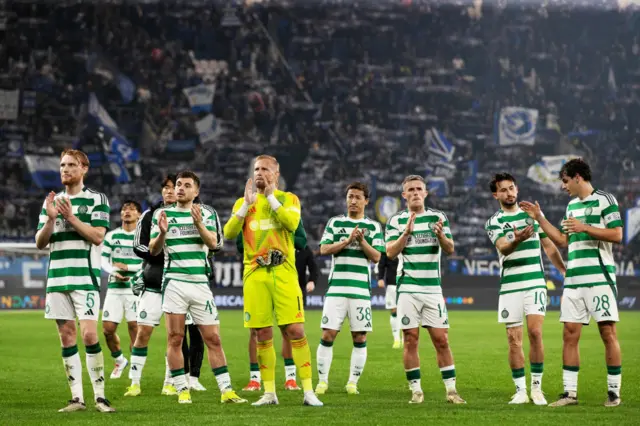 Celtic players salute their fans in Bergamo