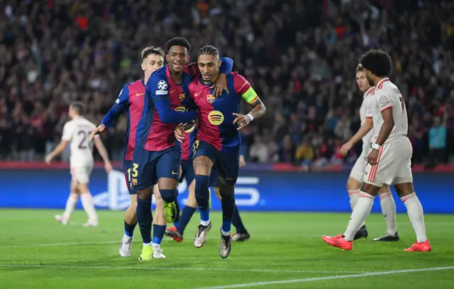 Raphinha of FC Barcelona celebrates scoring his team's first goal