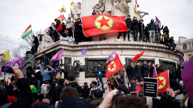 Members of the Kurdish community take part in a demonstration marking the 10th anniversary of the killing of three Kurdistan Workers Party (PKK) members in Paris, France, 07 January 2023.