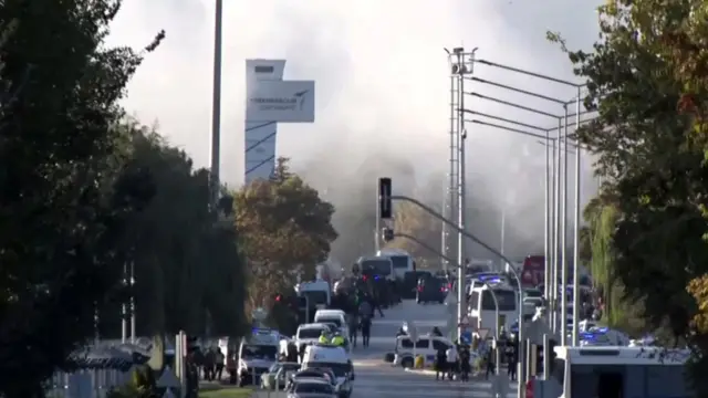 Smoke rises from the headquarters of Turkey's aviation company TUSAS, where three people were killed and five others wounded in an attack, near Kahramankazan, a town of Turkish capital Ankara, October 23, 2024