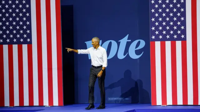 Former US President Barack Obama arrives before speaking during a campaign rally at Veterans Memorial Coliseum in Madison, Wisconsin, USA, 22 October 2024.