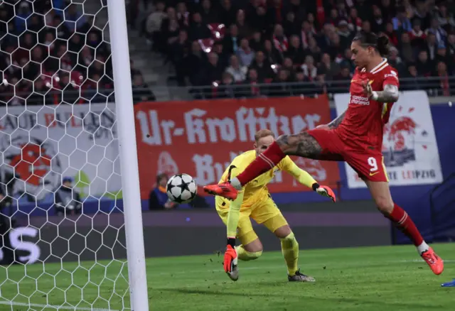 Darwin Nunez scores for Liverpool against RB Leipzig