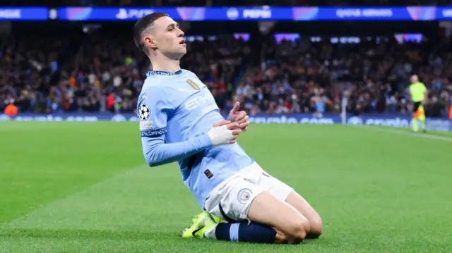 Phil Foden celebrates scoring in Manchester City's 5-0 win against Sparta Prague.