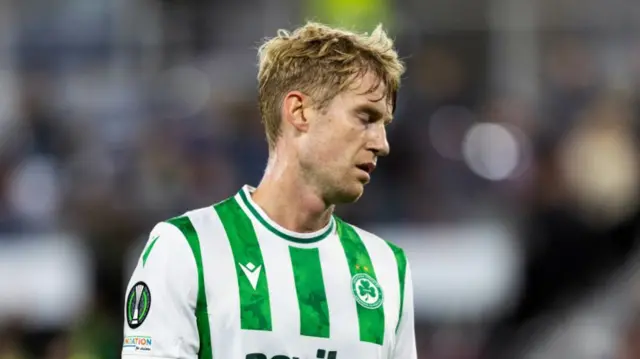 EDINBURGH , SCOTLAND - OCTOBER 24: Omonia's Filip Helander looks dejected during a UEFA Conference League 2024/25 League Phase MD2 between Hearts and Omonia Nicosia at Tynecastle Park, on October 24, 2024, in Edinburgh, Scotland.  (Photo by Ross Parker / SNS Group)