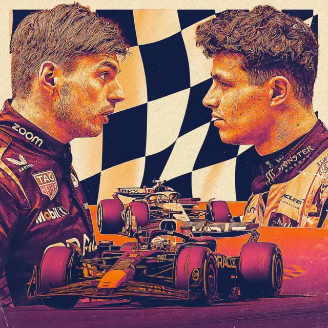 A graphic of Max Verstappen and Lando Norris plus two Formula 1 cars