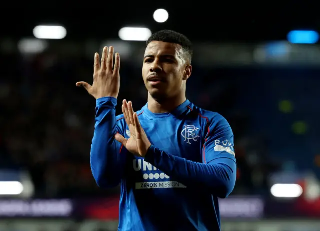 Hamza Igamane of Rangers FC celebrates scoring his team's fourth goal