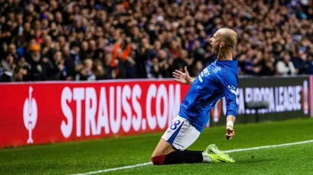 GLASGOW, SCOTLAND - OCTOBER 24: Rangers' Vaclav Cerny celebrates scoring to make it 2-0 during a UEFA Europa League 2024/25 League Phase MD3 match between Rangers and FCSB at Ibrox Stadium, on October 24, 2024, in Glasgow, Scotland. (Photo by Alan Harvey / SNS Group)