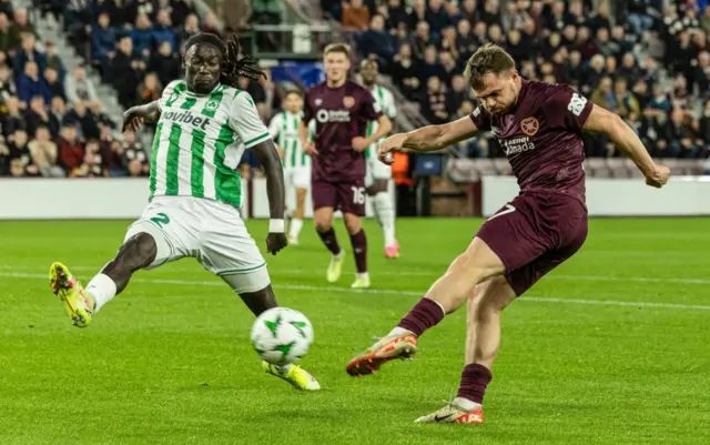 EDINBURGH , SCOTLAND - OCTOBER 24: Hearts' Alan Forrest scores to make it 1-0 during a UEFA Conference League 2024/25 League Phase MD2 between Hearts and Omonia Nicosia at Tynecastle Park, on October 24, 2024, in Edinburgh, Scotland.  (Photo by Craig Foy / SNS Group)