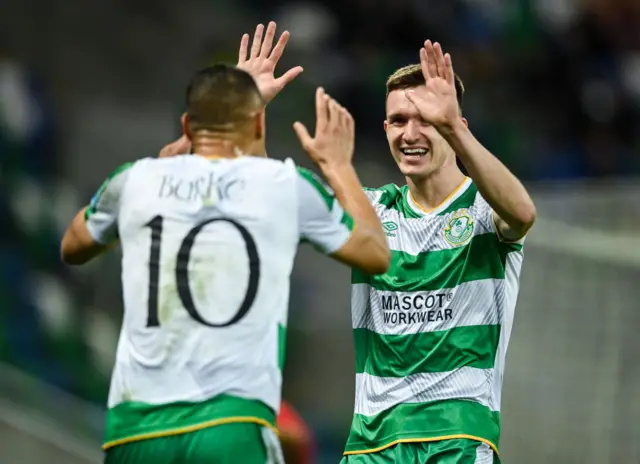 Johnny Kenny of Shamrock Rovers, right, celebrates with team mate Graham Burke after scoring