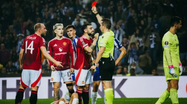 Bruno Fernandes is sent off during Manchester United's 3-3 draw with Porto.