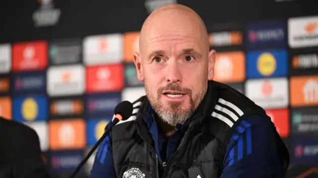 Man Utd manager Erik ten Hag speaks during a press conference.