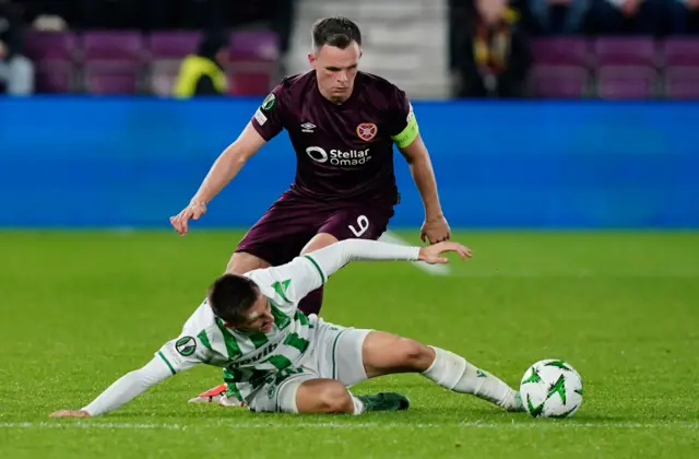 Omonia Nicosia's Mateo Maric and Heart of Midlothian's Lawrence Shankland battle for the ball