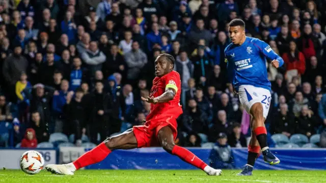 GLASGOW, SCOTLAND - OCTOBER 24: Rangers' Hamza Igamane scores to make it 4-0 during a UEFA Europa League 2024/25 League Phase MD3 match between Rangers and FCSB at Ibrox Stadium, on October 24, 2024, in Glasgow, Scotland. (Photo by Alan Harvey / SNS Group)