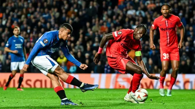 GLASGOW, SCOTLAND - OCTOBER 24: Rangers' Hamza Igamane scores to make it 4-0 during a UEFA Europa League 2024/25 League Phase MD3 match between Rangers and FCSB at Ibrox Stadium, on October 24, 2024, in Glasgow, Scotland. (Photo by Rob Casey / SNS Group)