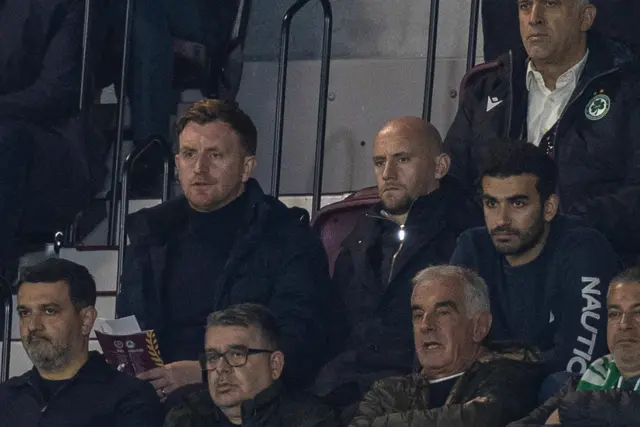 EDINBURGH , SCOTLAND - OCTOBER 24: Hibs head coach David Gray (R) and Assistant head coach Liam Craig (L) during a UEFA Conference League 2024/25 League Phase MD2 between Hearts and Omonia Nicosia at Tynecastle Park, on October 24, 2024, in Edinburgh, Scotland.  (Photo by Ross Parker / SNS Group)