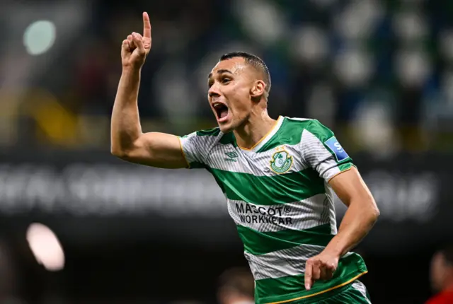 Graham Burke of Shamrock Rovers celebrates after scoring his side's third goal